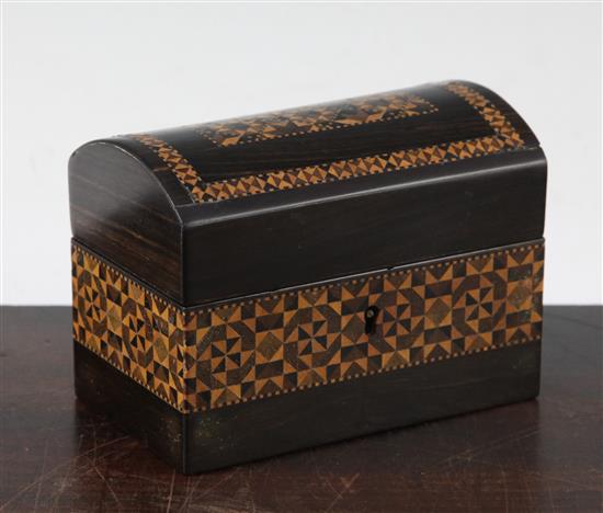 A Tunbridge ware coromandel half square mosaic banded triple scent bottle box, 5.25in.